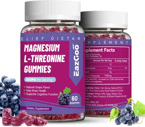 Vista 8 de Gomitas de treonina de magnesio de 1000 mg, gomitas de L-treonina para adultos, grandes suplementos de magnesio para el cerebro, sin OMG, sin