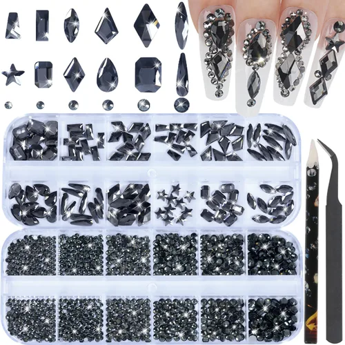 Vista 16 de Diamantes de imitación para uñas, tamaño 3D multiforma, gemas y dijes de cristal AB para uñas, parte trasera plana, con kit para arte de uñas