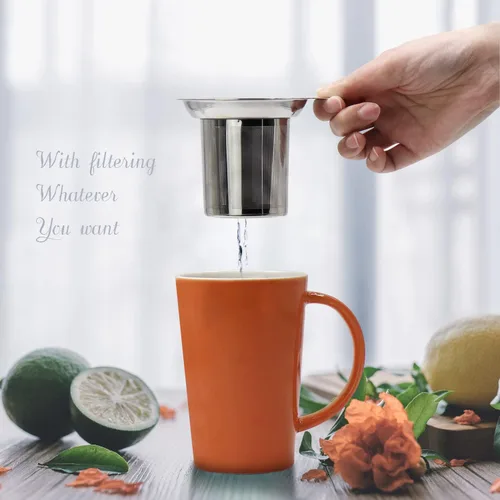 Vista 6 de TOSSOW - Taza de té de cerámica con infusor y tapa, tazas de té de 14 onzas, taza individual, sistema de preparación de té suelto con filtro