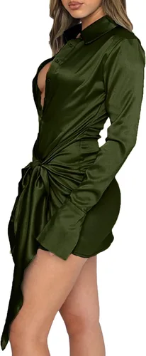 Vista 3 de LYANER Vestido corto de manga larga con cuello en V profundo y botones para mujer