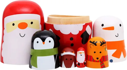 Vista 5 de 6 hermosas muñecas rusas de madera hechas a mano con Papá Noel, Matryoshka, regalo para Navidad y cumpleaños, juego de 6 muñecas apilables de 6