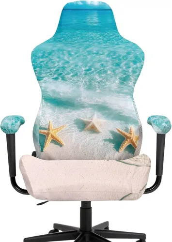 Vista 2 de Fundas para sillas de escritorio azules elásticas de 4 piezas, fundas para sillas de computadora con cremallera de estrella de mar para adultos