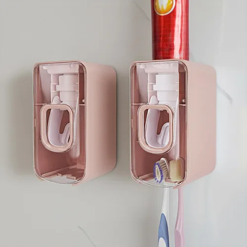 Vista 8 de Soporte de plástico para cepillos de dientes de 2 ranuras y dispensador de pasta de dientes montado en la pared, exprimidor automático de pasta