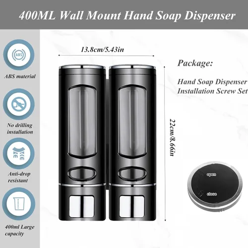 Vista 2 de Dispensador de jabón montado en la pared, bomba de ducha negra de 13.5oz/400ml, dispensador de jabón líquido recargable transparente, dispensador