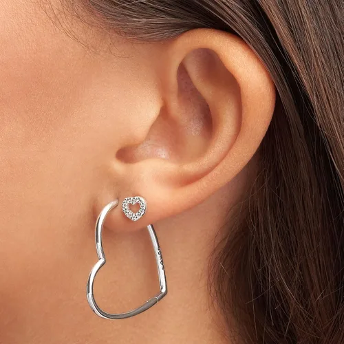 Vista 5 de PANDORA Aretes de aro con forma de corazón asimétrico, aretes clásicos para mujer, gran regalo para ella, hechos con plata de ley, con caja