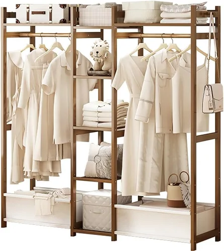 Vista 24 de Perchero de bambú con 5 estantes de almacenamiento para vestidos, zapatos y sombreros, carga máxima de 220.5 lbs, ideal para dormitorio