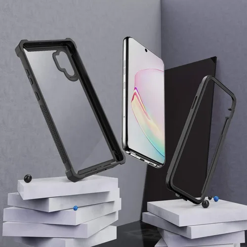 Vista 3 de Funda para Samsung Galaxy Note 10 Plus con protector de pantalla, carcasa protectora híbrida de doble capa a prueba de golpes de acrílico para Negro