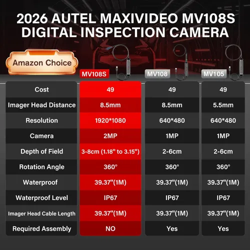 Vista 3 de Cámara de Inspección Digital Autel MaxiVideo MV108S 2025, 2MP 1920x1080, Endoscopio USB Impermeable IP67, Cámara Boroscopio Serpiente de 8.5mm