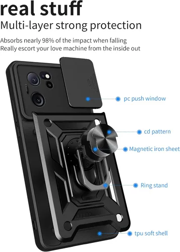 Vista 6 de Funda de teléfono para Xiaomi 13T Pro resistente con funda protectora de cámara para Xiaomi 13T Pro, a prueba de golpes, con anillo magnético