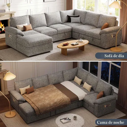 Vista 4 de Sofá modular de 108 pulgadas con cama extraíble, sofá modular en forma de U de 7 asientos con almacenamiento, sofás seccionales para sala de estar