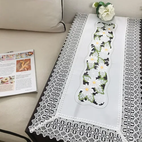 Vista 9 de Mantel bordado para decoración de encaje a prueba de polvo, sin arrugas, lavable, floral, rectangular, para cocina, comedor, vacaciones, cumpleaños