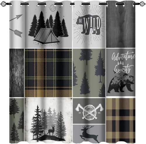 Vista 9 de Cortinas opacas rústicas de cabaña con osos y ciervos - Juego de cortinas de ventana con ojales de temática de granja abstracta, caza, animal