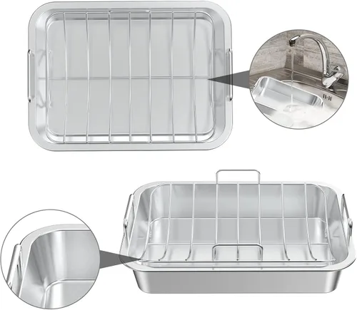 Vista 7 de Onlyfire Sartén para asar con estante en U – Asador de acero inoxidable para hornear, sartén rectangular de lasaña de pavo de 16 pulgadas para asar