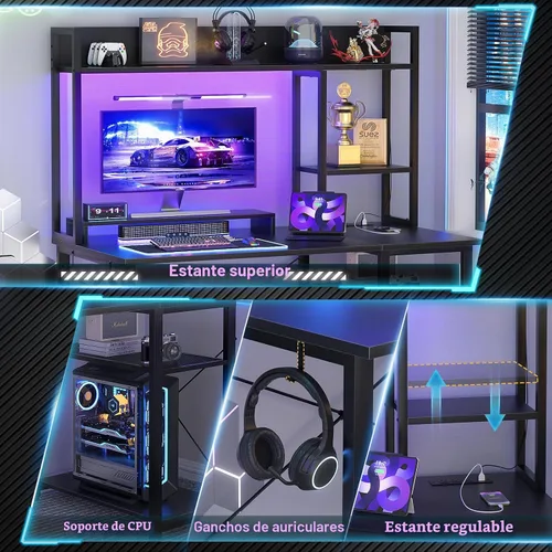 Vista 7 de Cyclysio Escritorio para juegos con gabinete, escritorio para computadora de 39 pulgadas con luces LED y tomas de corriente, escritorio de oficina