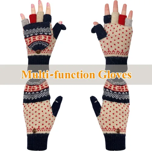 Vista 36 de Beurlike Guantes de invierno para mujer, de lana cálida, a prueba de viento, convertibles, sin dedos
