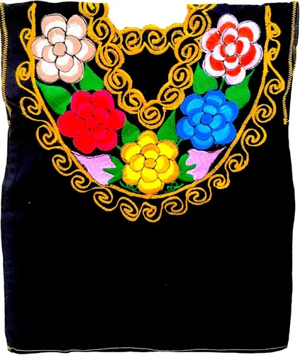 Vista 3 de Blusa mexicana floral Auténtica blusa bordada de Chiapas 100% hecha a mano Negro con flores coloridas, Negro, L