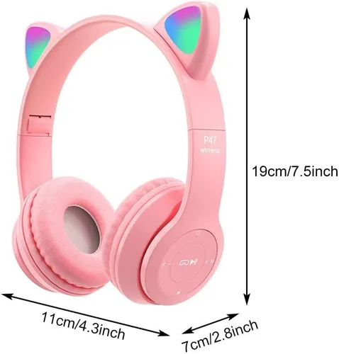 Vista 5 de IUYYPU auriculares de gato auriculares para juegos, auriculares inalámbricos para juegos lindos orejas de gato con luces LED, auriculares plegables