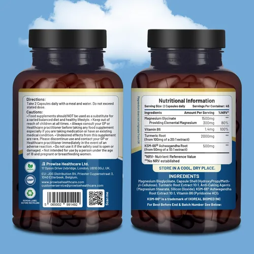 Vista 3 de Glicinato de magnesio 4 en 1 añadido con Ashwagandha KSM-66, cúrcuma y vitamina B6 90 cápsulas veganas 4,001 mg por porción Cápsula fácil