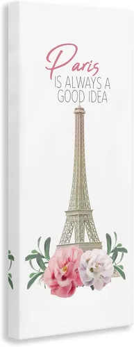 Vista 3 de Stupell Industries París Good Idea Frase Torre Eiffel Flores Rosas Landmark Europeo, diseñado por Kim Allen, arte de pared, 10 x 24 pulgadas, lienzo