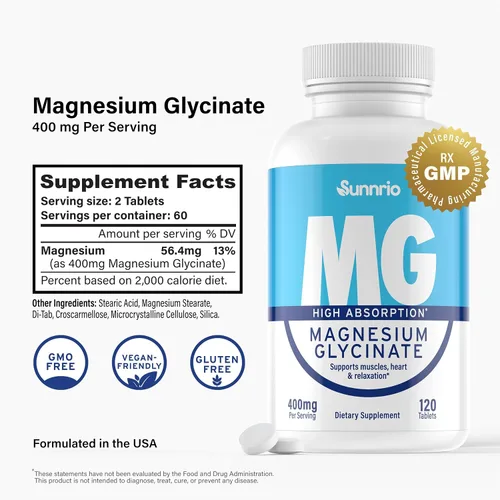 Vista 2 de Suplemento de glicinato de magnesio - 400 mg por porción - Alta absorción, apoya la salud muscular, el corazón, el sueño y la relajación* - Sin OMG