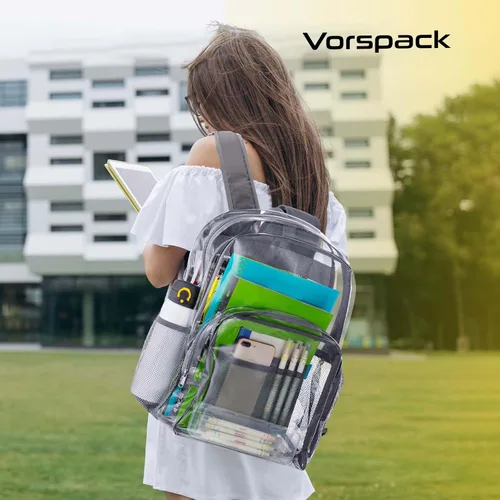 Vista 6 de Vorspack Mochila transparente resistente - Mochila transparente de PVC grande para libros para trabajo universitario, Gris, Transparente