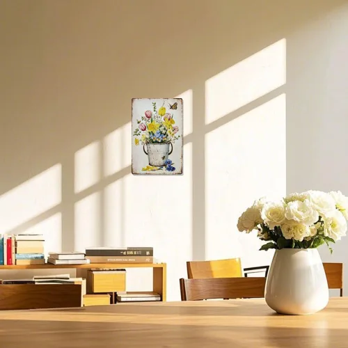 Vista 7 de Letrero de metal con flores vintage de 0.79 x 1.18 pulgadas, narcisos retro, tulipán, cubeta de hierro, póster de arte de pared para habitación