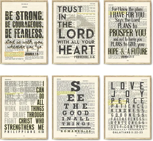 Vista 3 de Juego de 6: Josué 1:9, Proverbios 3:5, Jeremías 29:11, Romanos 8:28, Gálatas 5:22-23, impresiones artísticas de pared de página bíblica cristiana