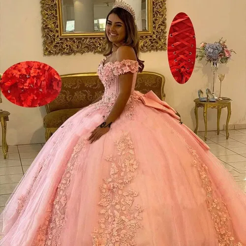 Vista 6 de XYAYE Vestidos de quinceañera con hombros descubiertos para mujer, vestido de fiesta hinchado de flores 3D, vestido de fiesta de encaje con cuentas