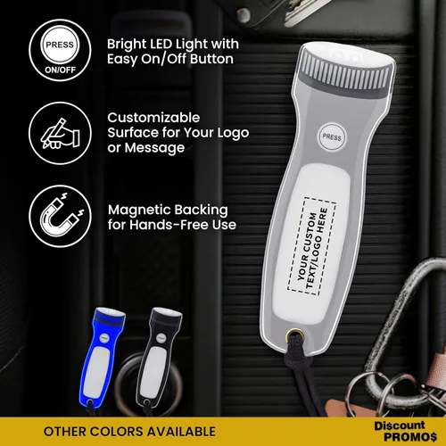 Vista 2 de DISCOUNT PROMOS 10 Linternas Magnéticas Planas Blackout Juego de 10/50/100 Texto Personalizable Logo Luces LED Correa de Muñeca Incluida Imán