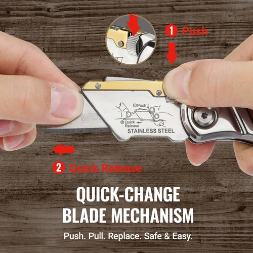 Vista 5 de WORKPRO Cuchillo utilitario plegable con clip para cinturón y cuchillas adicionales de 10 piezas, mango de madera, cortador resistente, cambio