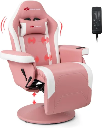 Vista 10 de Goplus - Silla gamer con masaje, altura ajustable, para videojuegos, con reposapiés retráctil, soporte para tazas, reposacabezas, silla giratoria