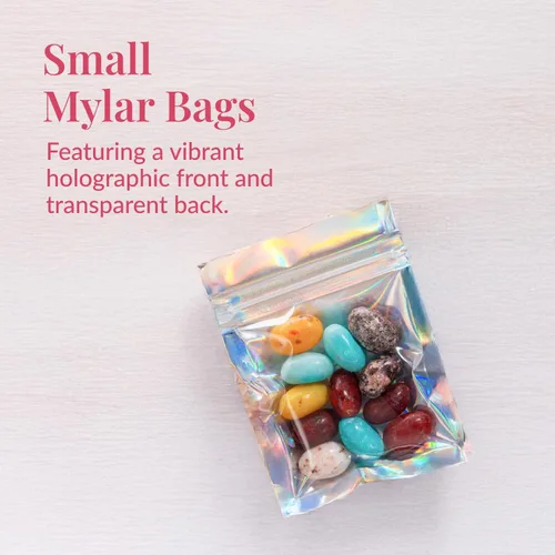Vista 2 de Prestee Bolsas pequeñas de Mylar de 3 x 4 – 100 piezas holográficas resellables para almacenamiento de alimentos, a prueba de olores, ideales
