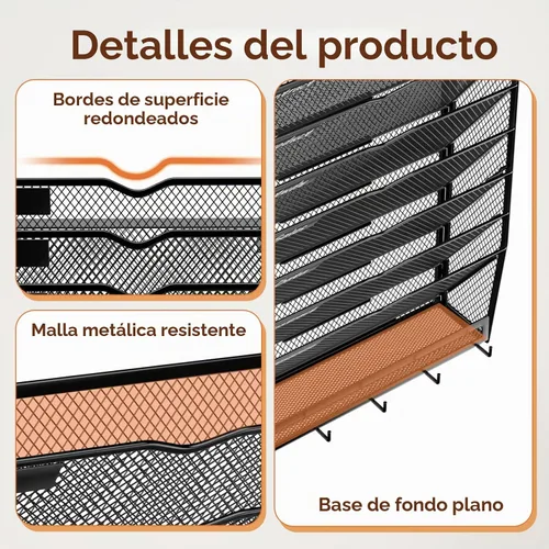 Vista 3 de Organizador de archivos de pared de 8 niveles con gancho Negro
