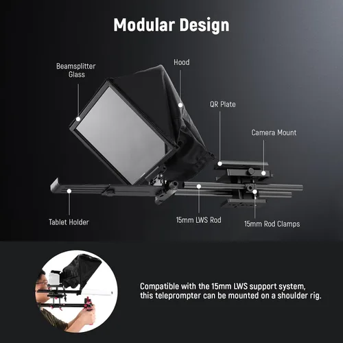 Vista 5 de Neewer Teleprompter C12 Diseño modular con abrazadera de varilla LWS de 0.591 in, control remoto RT113, control de aplicación, divisor de haz de 12