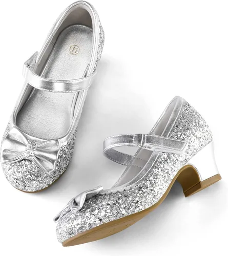 Vista 2 de K KomForme Mary Jane - Zapatos de vestir para niña, con purpurina de 1.5 pulgadas, tacón bajo, para boda, fiesta, princesa, zapatos para niños