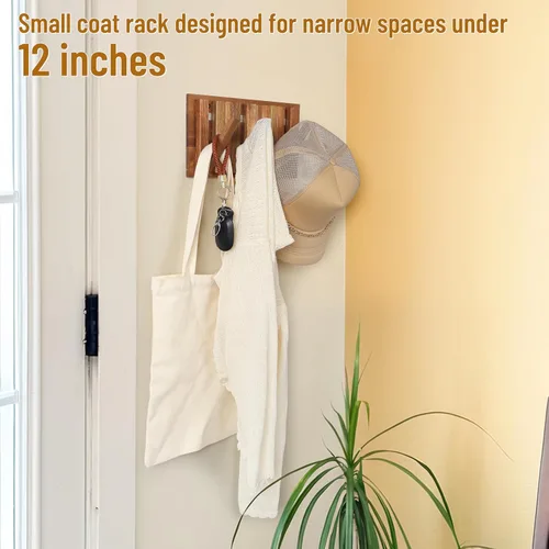 Vista 2 de Pequeño Perchero para Apartamento: 10.4 Pulgadas de Madera Rústica con 6 Ganchos de Pared Montable Retractable para Espacios Estrechos, Entrada
