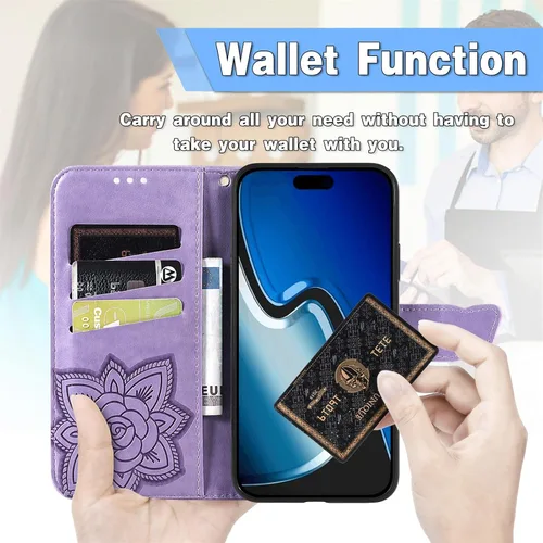 Vista 5 de HZD - Funda tipo cartera para iPhone 15, diseño de mariposa 3D, piel sintética, con función atril, cierre magnético y ranuras para tarjetas
