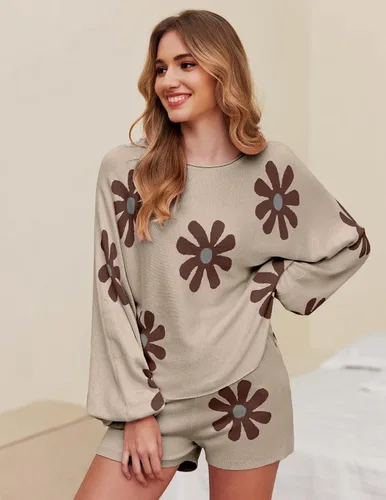 Vista 3 de Ekouaer - Conjunto de pijama de punto para mujer, ropa de descanso, sudadera de manga larga y pantalones a juego, casual, 2 piezas, tallas S-XXL