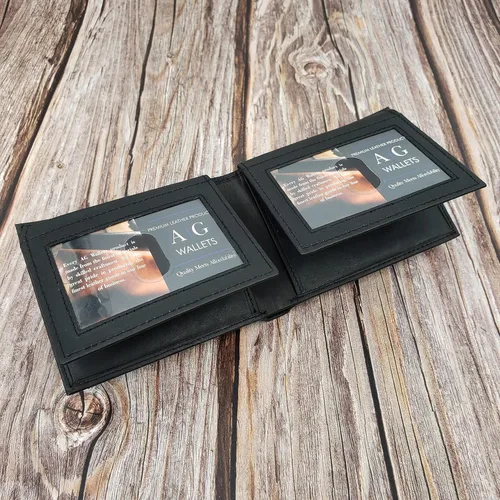Vista 3 de AG Wallets Tarjetero de cuero para hombre con ventanas de identificación dobles abatibles, Negro -, Cartera plegable