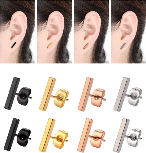 Vista 4 de Mudder - 4 pares de arete de acero inoxidable, barra rectangular para hombre o mujer, 4 colores disponibles.