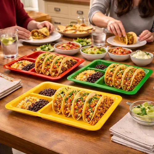 Vista 5 de Dependable Industries inc. Essentials Juego de 3 platos rectangulares para tacos, bandejas de plástico sin BPA con divisores, apilables, aptos