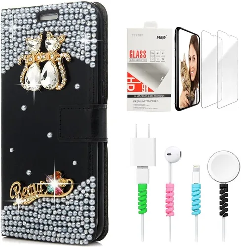 Vista 6 de Bling Wallet - Funda para teléfono compatible con Google Pixel 6a, elegante, 3D, hecha a mano, con cristal de pavo real, magnética, con protector