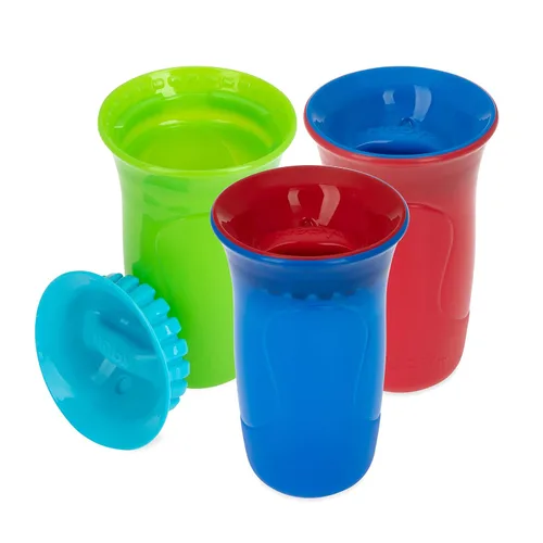 Vista 2 de Nuby Vaso antiderrames de 3 piezas con borde de silicona 360 Smart Edge, paquete de 3, 10 onzas, multicolor