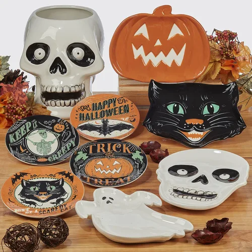 Vista 5 de Juego de 4 tazas de Halloween – Tazas de café de cerámica espeluznantes con diseños vintage de truco o trato – gato negro, esqueleto, calabaza