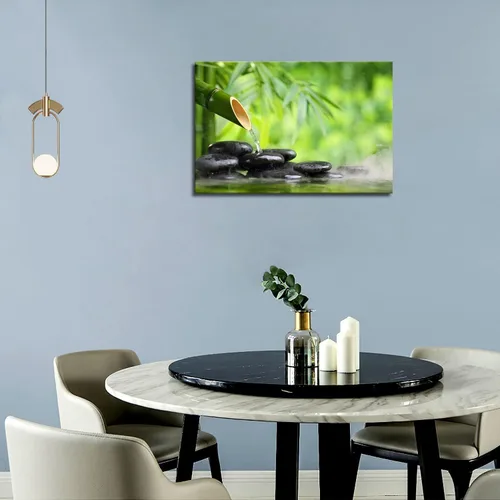Vista 6 de Naturaleza muerta de spa verde con fuente de bambú y piedra zen en agua pintura de pared la imagen impresión en lienzo imágenes botánicas