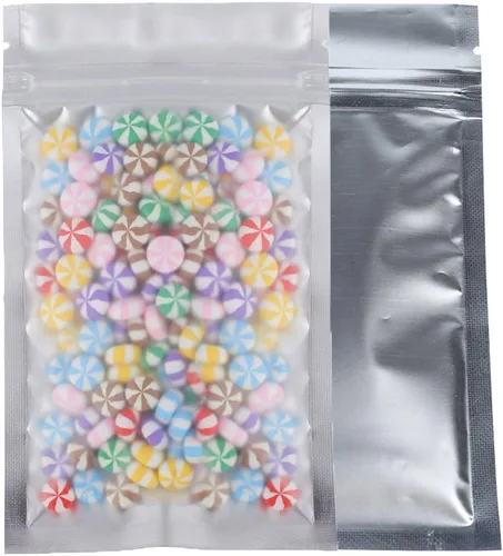 Vista 24 de 100 bolsas de sellado con cremallera resellables de papel metálico de color transparente esmerilado para ventana (negro, soporte 2 onzas)