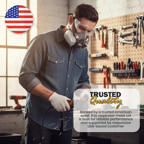 Vista 7 de Máscara respiradora para pintura en aerosol, carpintería, soldadura, polvo y seguridad general con gafas transparentes, 10 filtros de repuesto