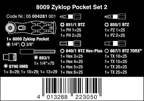 Vista 2 de Wera 05004281001 8009 Zyklop Pocket Set 2, juego de trinquete, 18 piezas