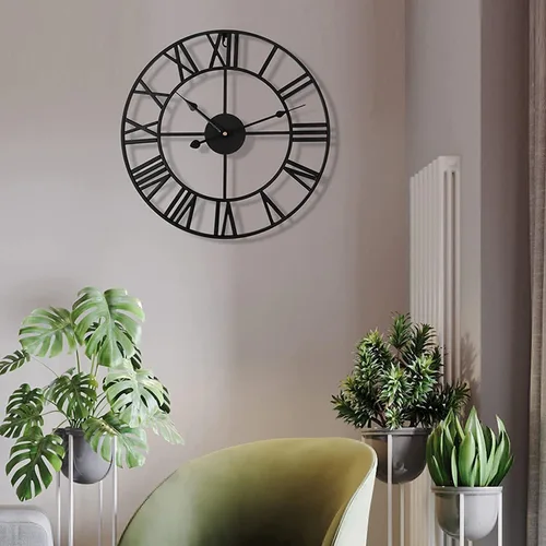 Vista 8 de Reloj de pared de metal industrial europeo grande, números romanos retro, movimiento de cuarzo silencioso para sala de estar, cocina, decoración