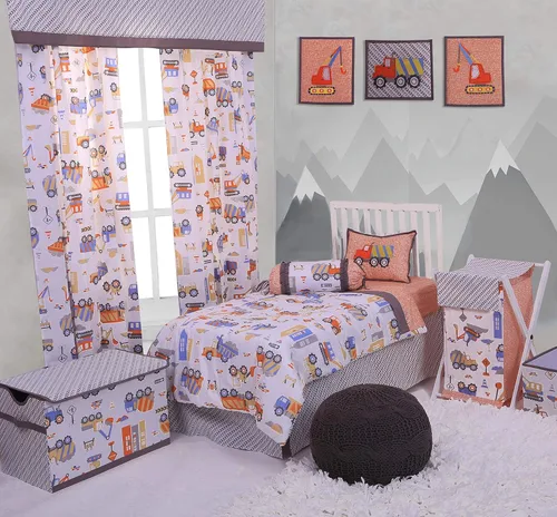 Vista 6 de Bacati Juego de ropa de cama de algodón multicolor de construcción de 4 piezas para niños, 100% algodón, incluye edredón reversible, sábana bajera